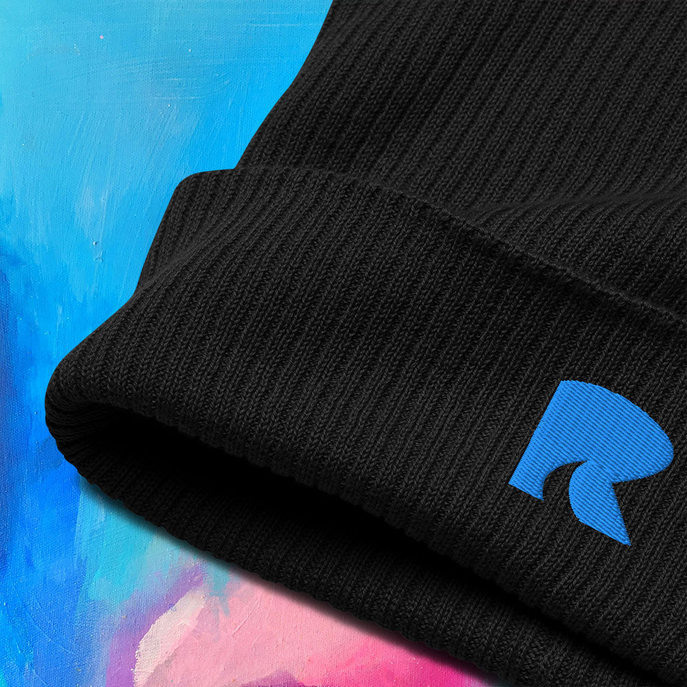 Organic Ribbed Beanie - One Size - Black/Aqua