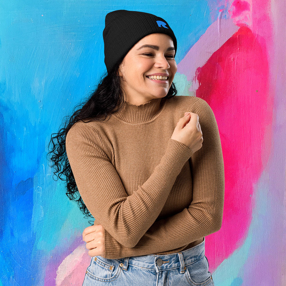 Organic Ribbed Beanie - One Size - Black/Aqua