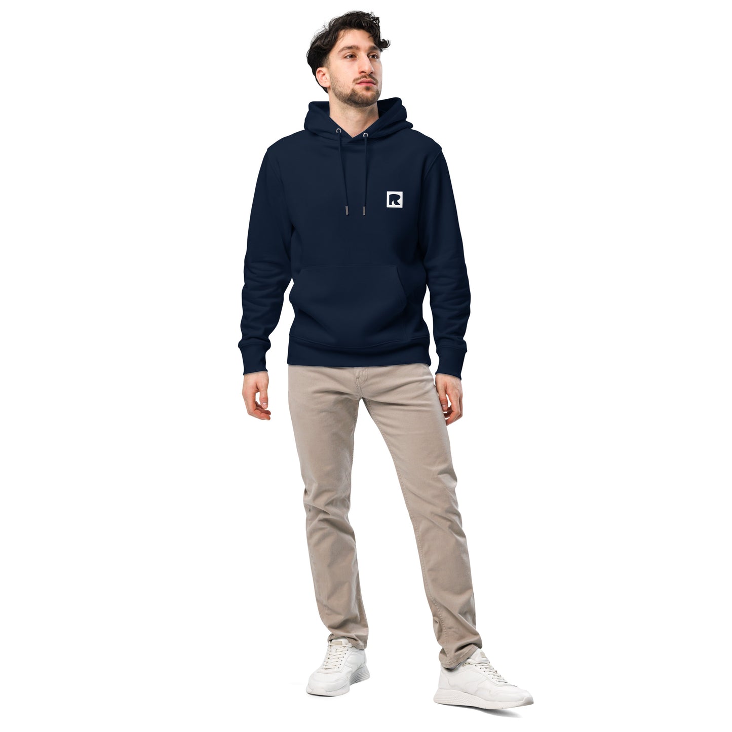 Navy hoodie front with logo
