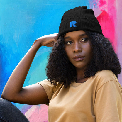Organic Ribbed Beanie - One Size - Black/Aqua