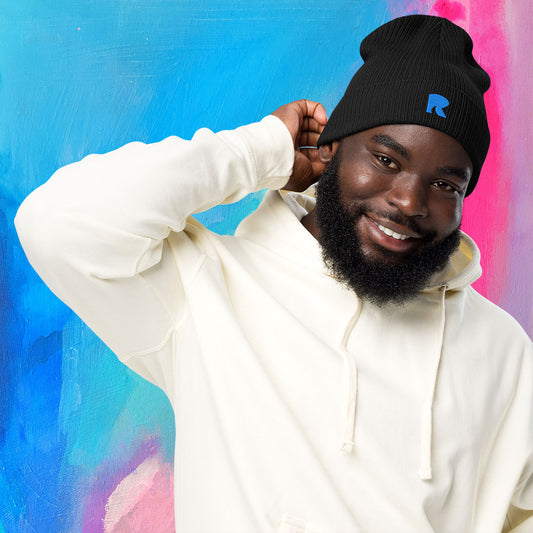 Organic Ribbed Beanie - One Size - Black/Aqua