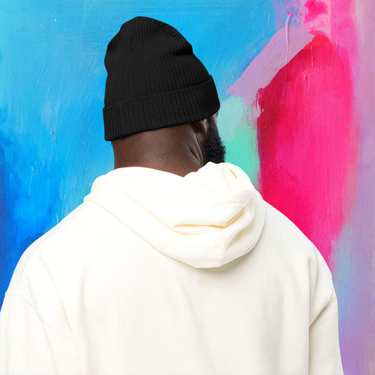 Organic Ribbed Beanie - One Size - Black/Aqua